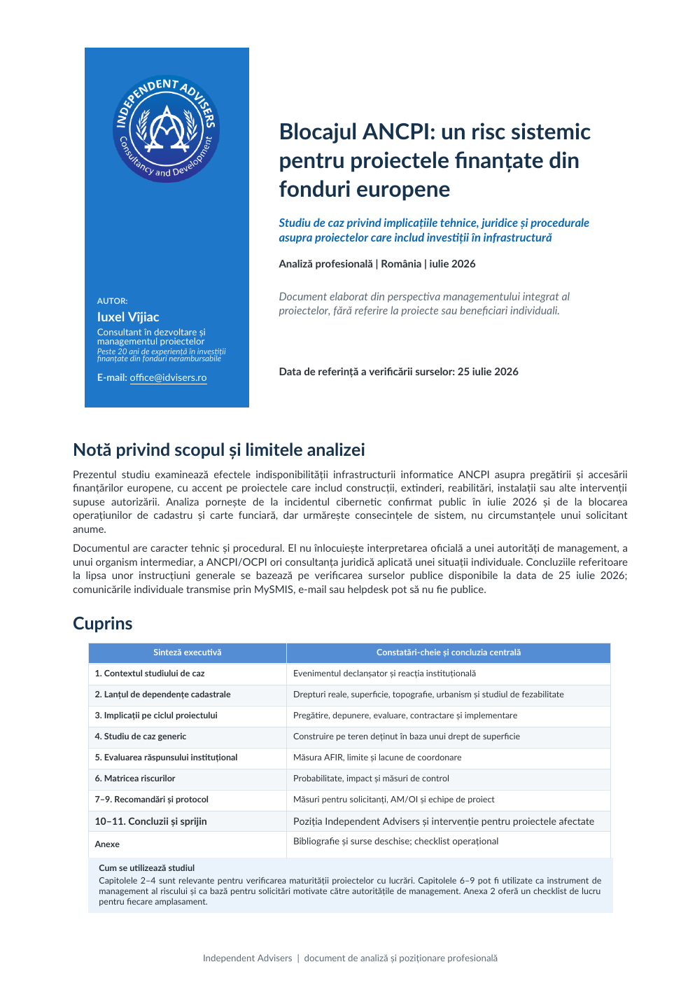 Coperta studiului Blocajul ANCPI: un risc sistemic pentru proiectele finanțate din fonduri europene